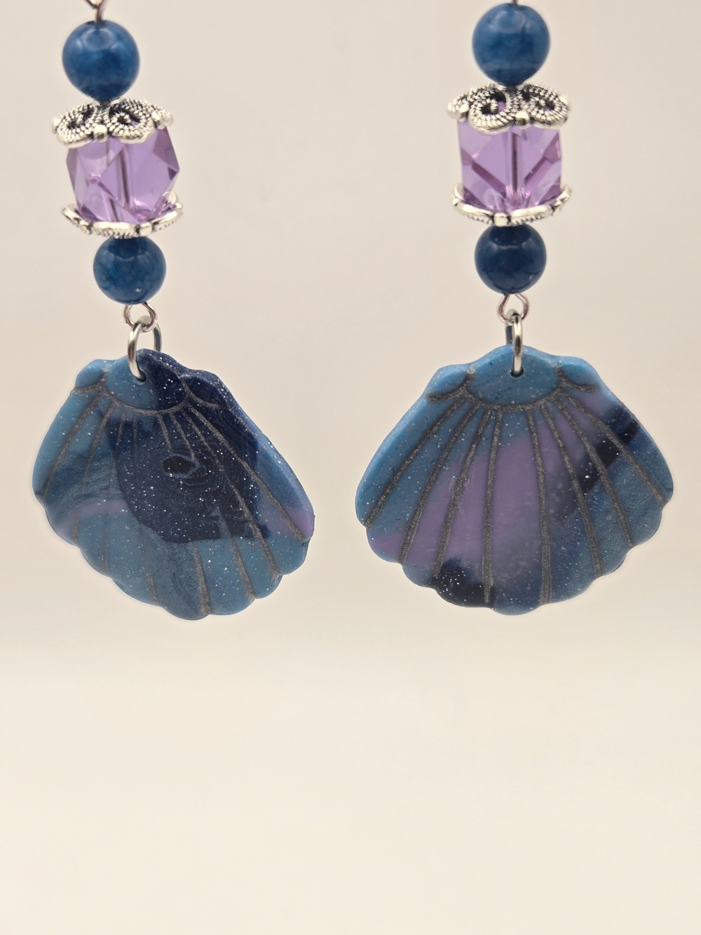 #B509- Blue and Purple Shell Drop Earrings with Dolomite Jasper Bead Accents - Picture 4 of 4